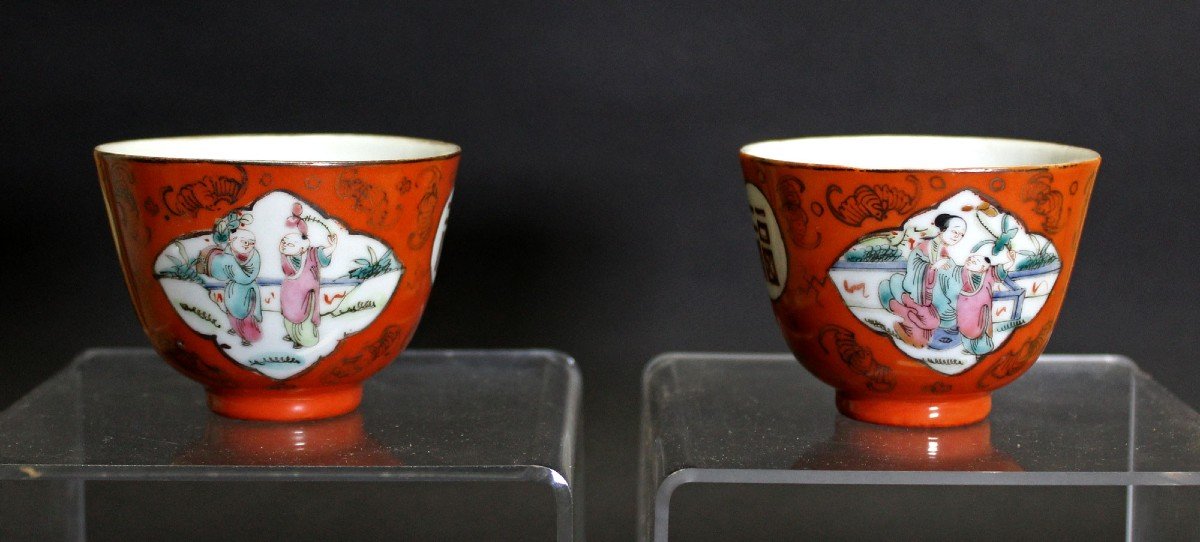 Paire De Tasses à Thé Anciennes En Porcelaine Chinoise Glaçure Rouge Corail Marque Sceau-photo-3