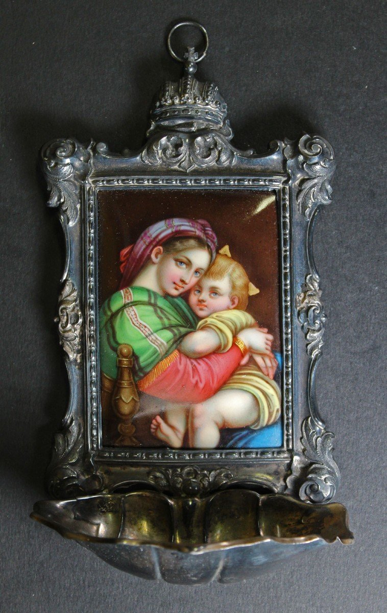 Bénitier Antique Argent Plaque En Porcelaine De Berlin Madonna Della Seggiola d'Après Raphaël