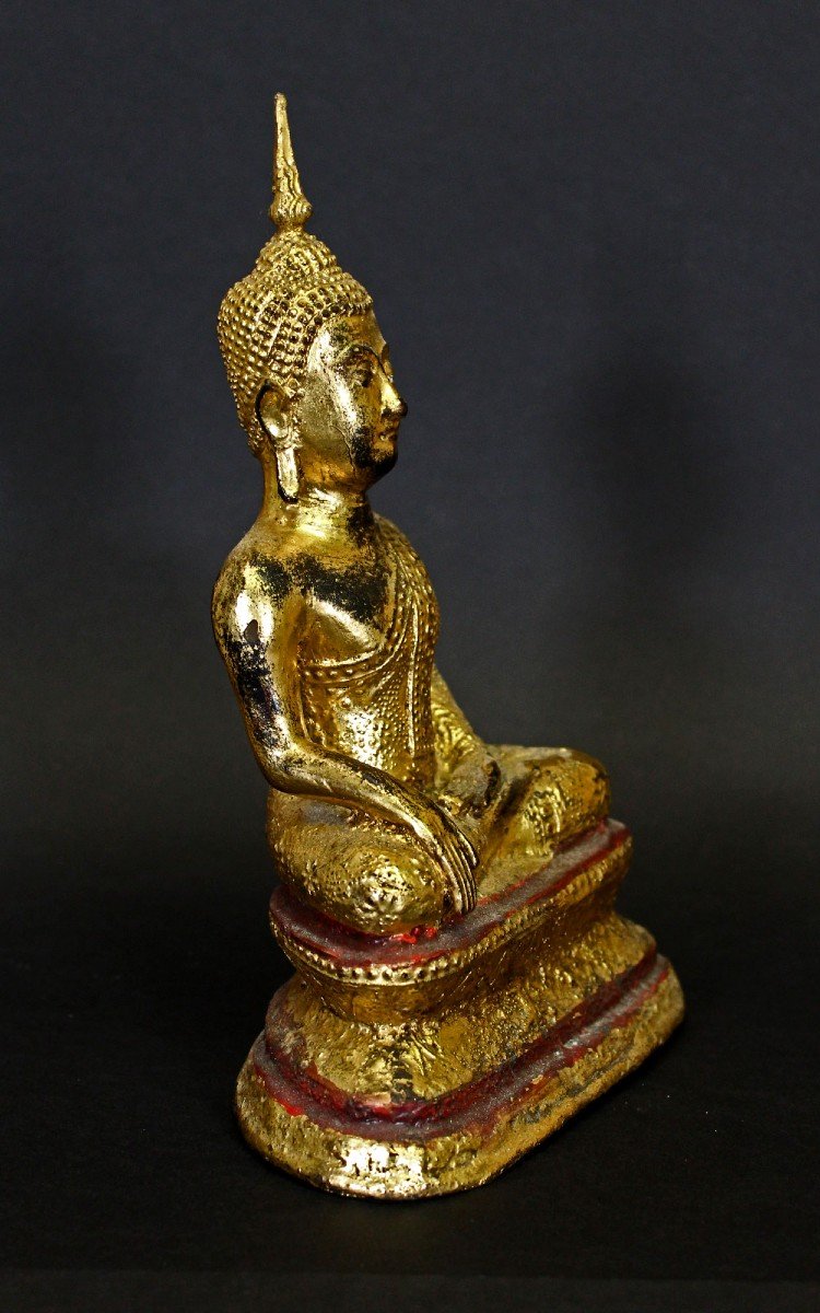 Antique Thai Buddha Rattanakosin Bhumisparsha Mudra Gilt Bronze 19th Century-photo-2