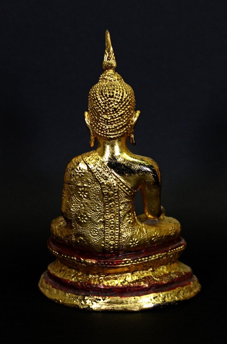 Antique Thai Buddha Rattanakosin Bhumisparsha Mudra Gilt Bronze 19th Century-photo-3