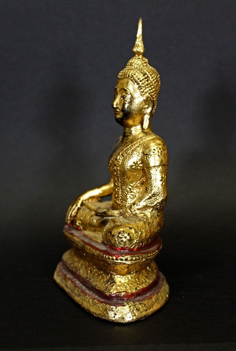 Antique Thai Buddha Rattanakosin Bhumisparsha Mudra Gilt Bronze 19th Century-photo-4