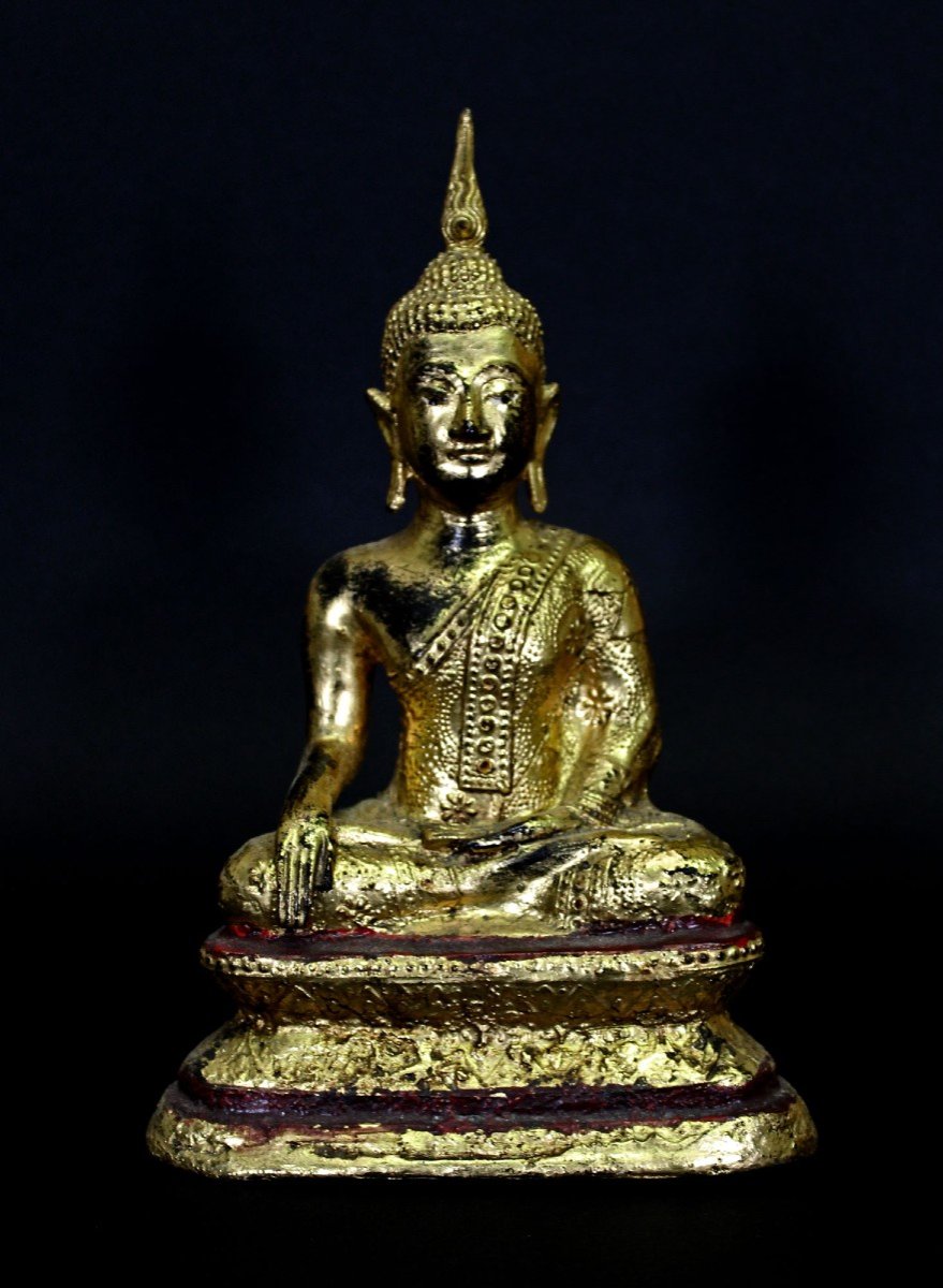 Antique Thai Buddha Rattanakosin Bhumisparsha Mudra Gilt Bronze 19th Century