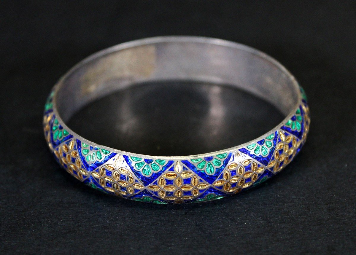 Bracelet Jonc Ancien En Argent Et émail Cloisonné Du Cachemire-photo-2