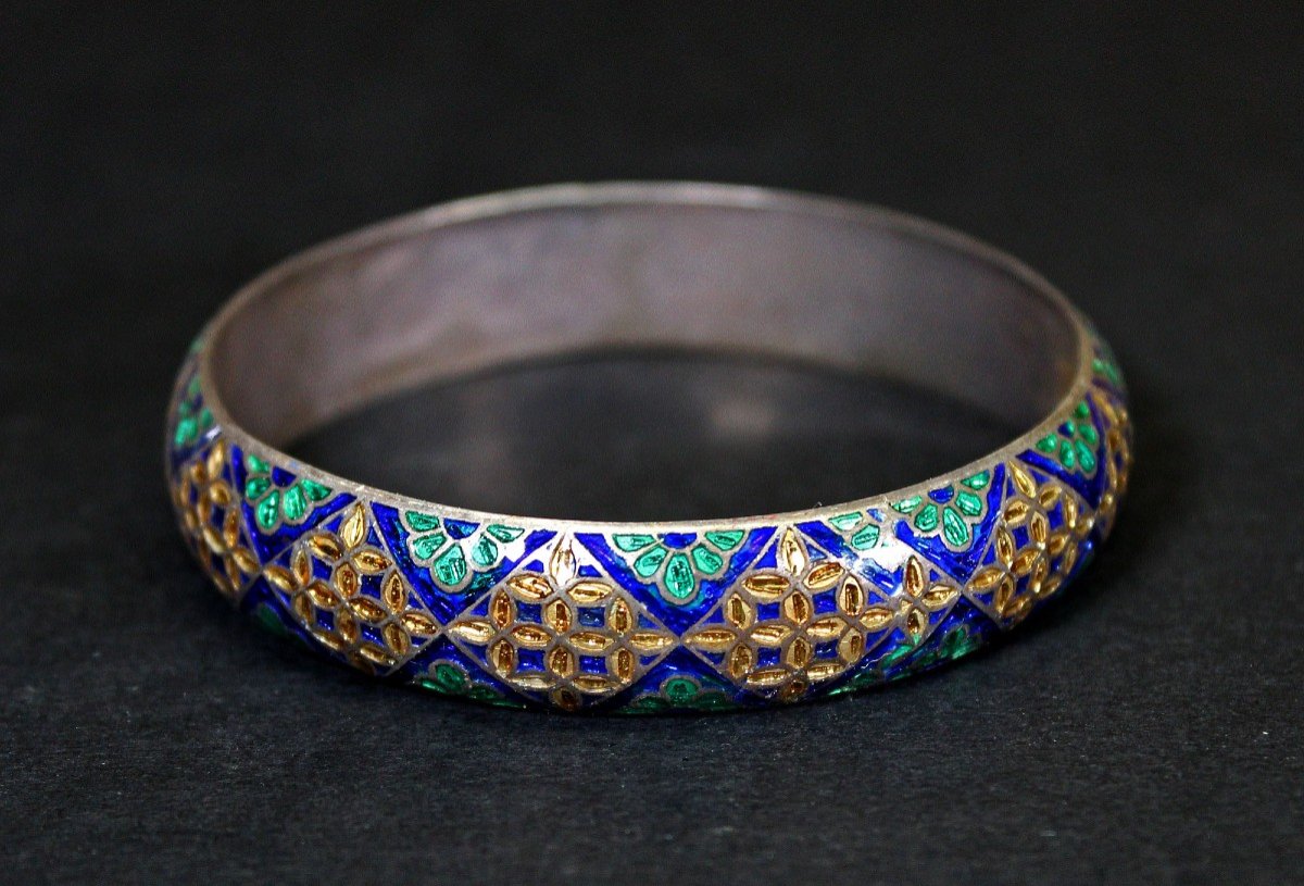 Bracelet Jonc Ancien En Argent Et émail Cloisonné Du Cachemire