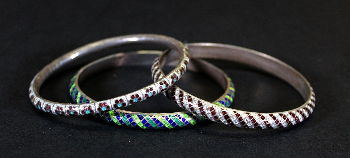 Set Of 3 Antique Indian Silver And Cloisonne Enamel Kashmir Bangles Bracelets-photo-2