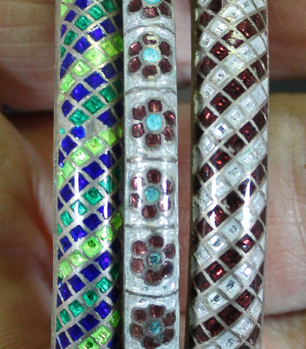 Set Of 3 Antique Indian Silver And Cloisonne Enamel Kashmir Bangles Bracelets-photo-4