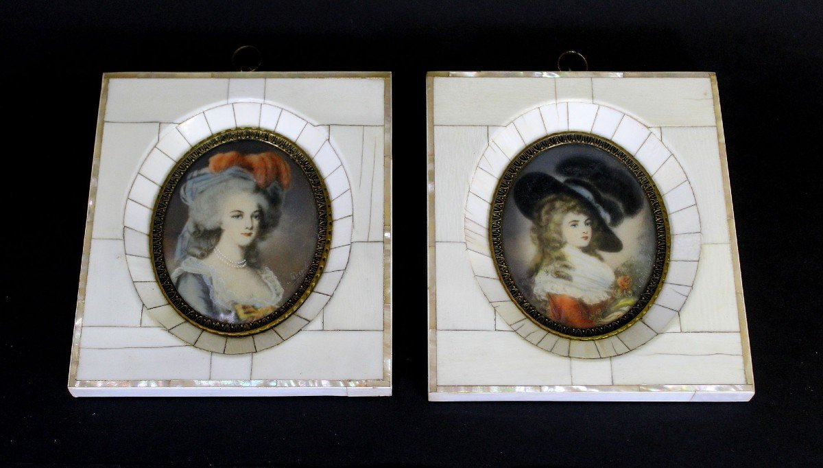 Pair Of Miniature Portraits In Ivory Mother Of Pearl Frames Signed Marie Antoinette Duchess Of Devonshire