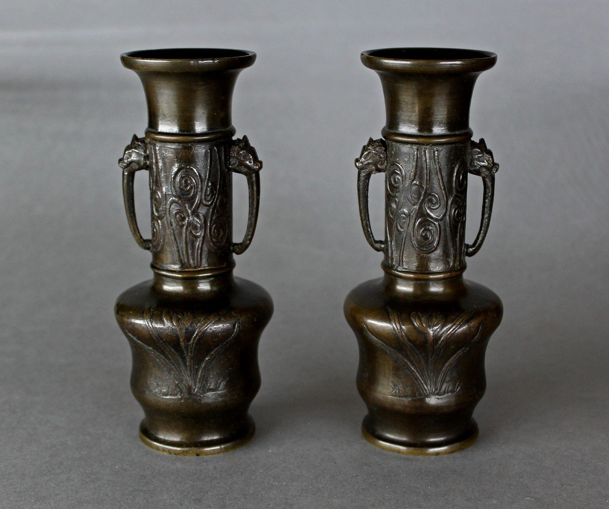 Pair Of Antique Japanese Bronze Vases. Meiji Period Japan.-photo-3