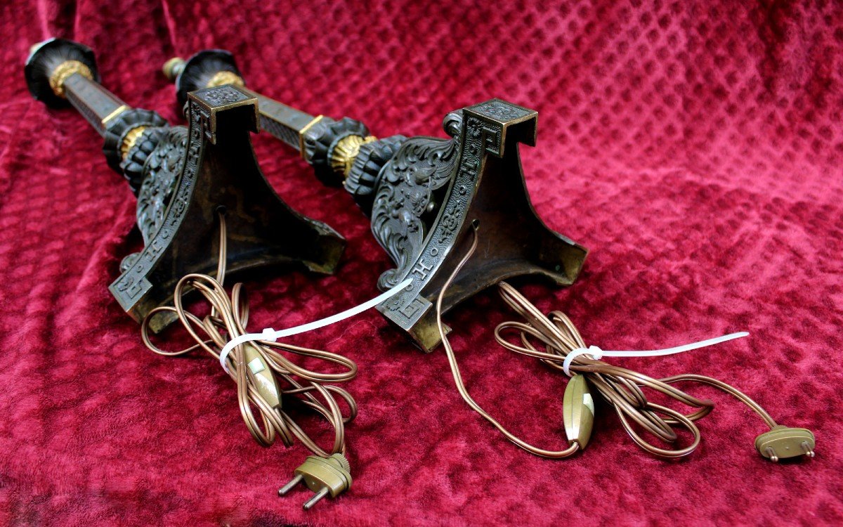 Paire De Lampes En Bronze Bougeoirs Flambeau Néo Classique-photo-2