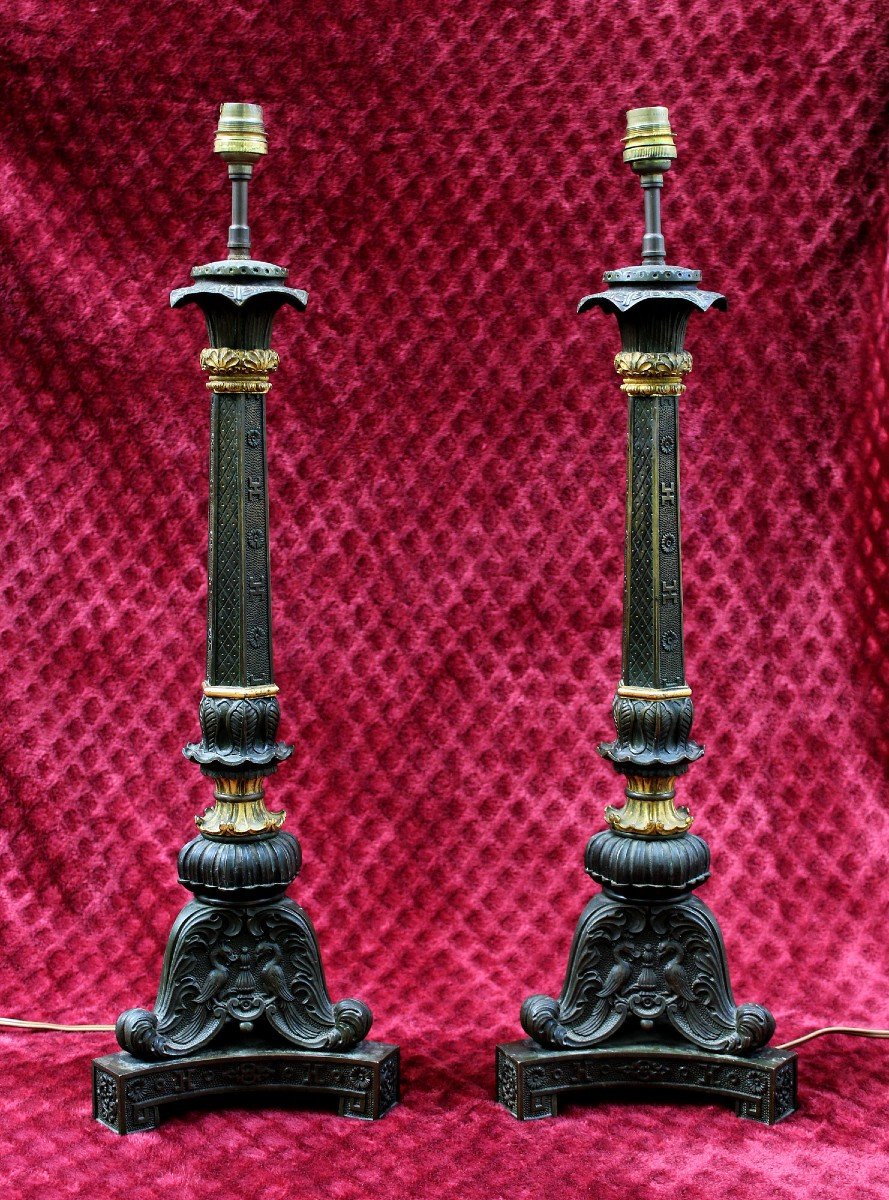 Paire De Lampes En Bronze Bougeoirs Flambeau Néo Classique