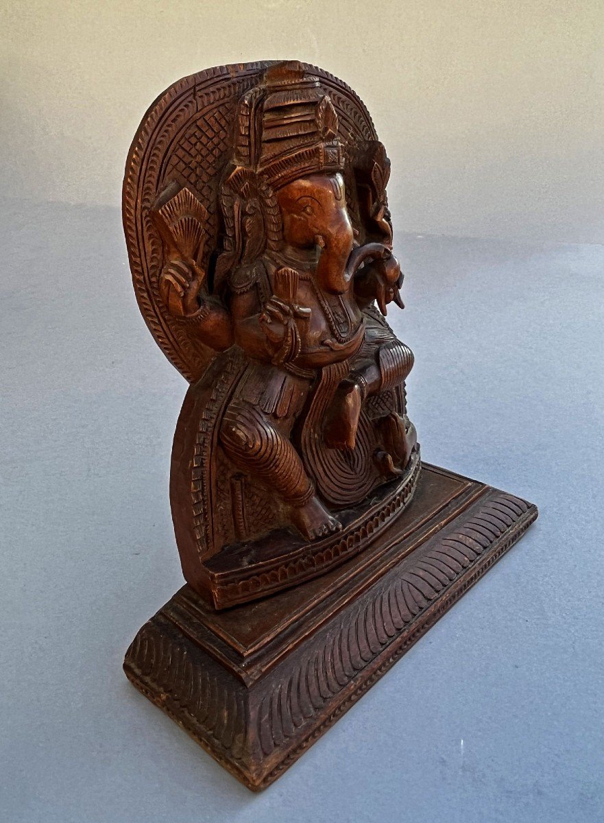 Antique Sandalwood Sculpture Ganesh, Elephant God  Indian Hindu Temple-photo-2