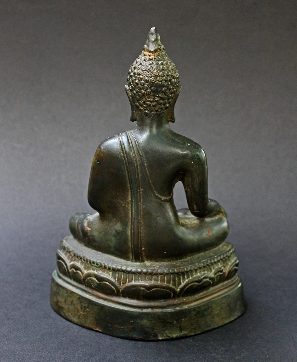 Ancienne  Sculpture Thaïlandais Bronze Shakyamuni Bouddha Bhumisparsha Mudra Touchant La Terre-photo-3