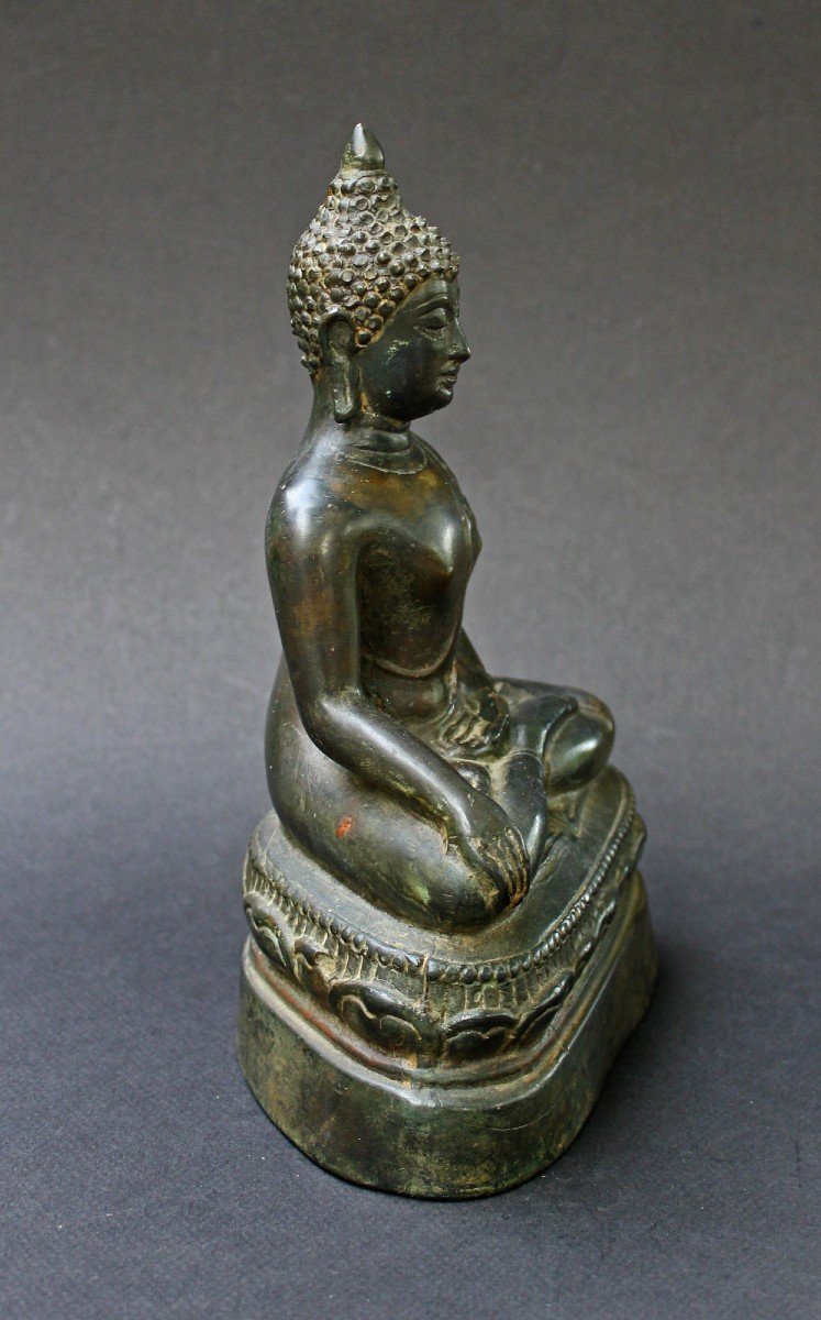 Ancienne  Sculpture Thaïlandais Bronze Shakyamuni Bouddha Bhumisparsha Mudra Touchant La Terre-photo-4