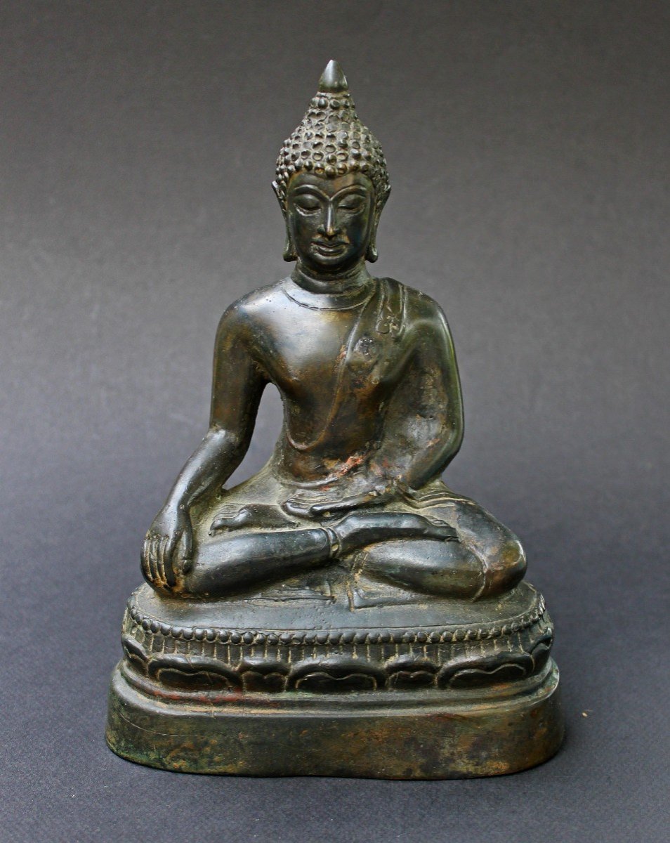 Ancienne  Sculpture Thaïlandais Bronze Shakyamuni Bouddha Bhumisparsha Mudra Touchant La Terre