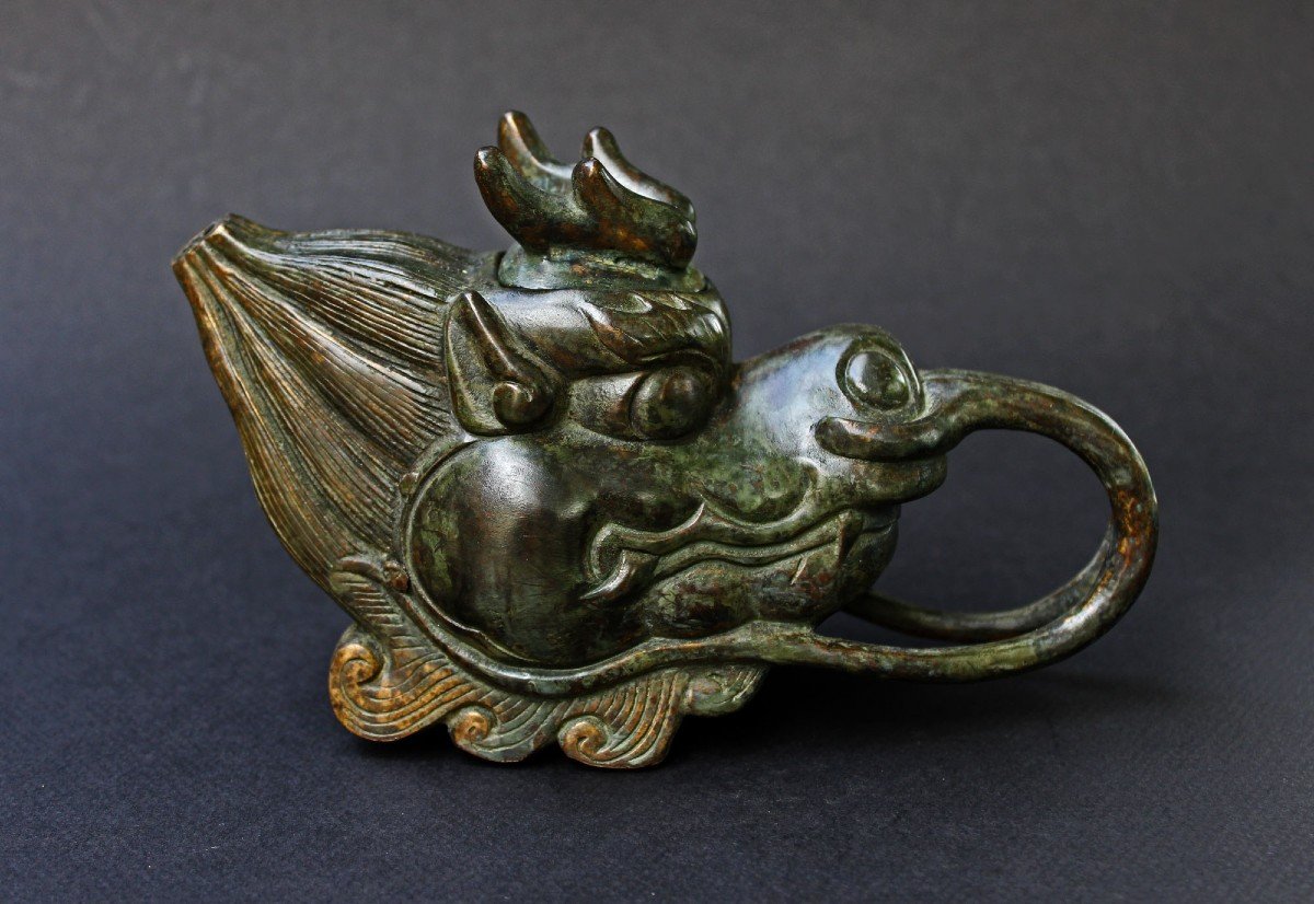 Antique Chinese Bronze Dragon Head Teapot Or Wine Pot-photo-2