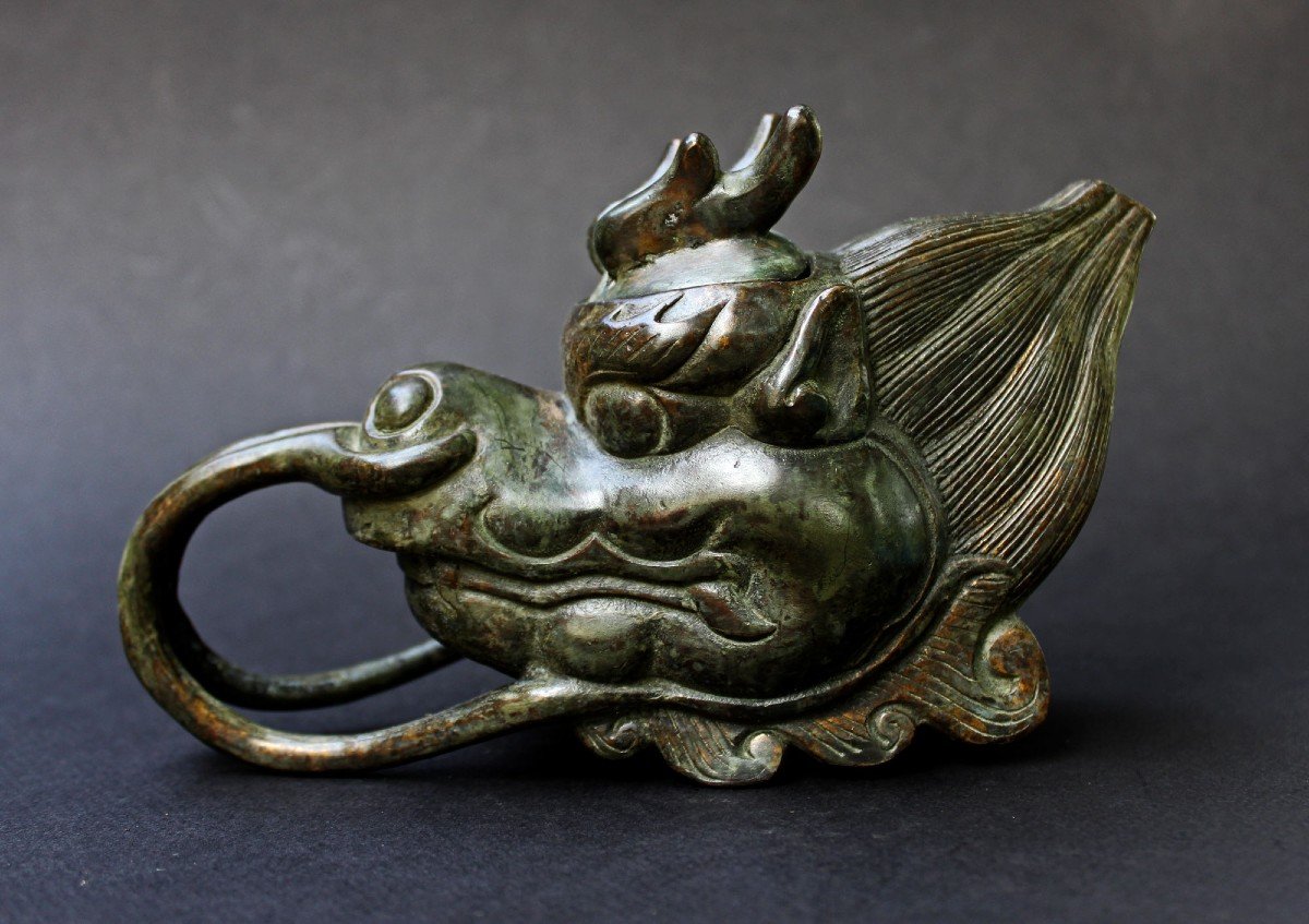 Antique Chinese Bronze Dragon Head Teapot Or Wine Pot-photo-1