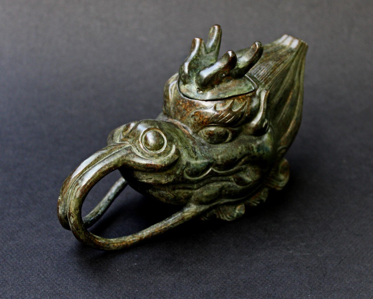 Antique Chinese Bronze Dragon Head Teapot Or Wine Pot