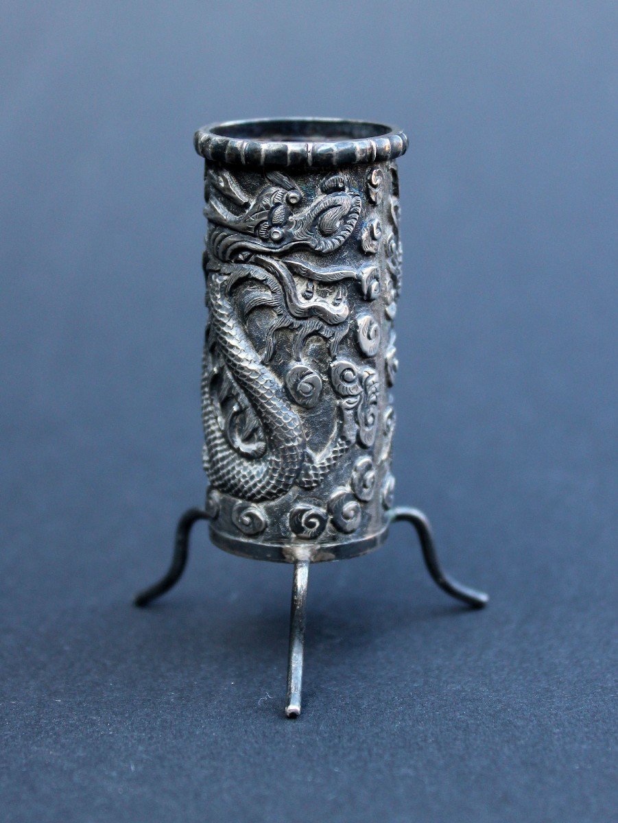 Recipient De Outils d'Opium En Argent Chinois Antique