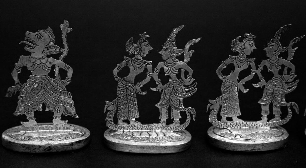 Set Of Six Antique Indonesian Silver Menu Holders, Javanese Shadow Puppet Java -photo-2