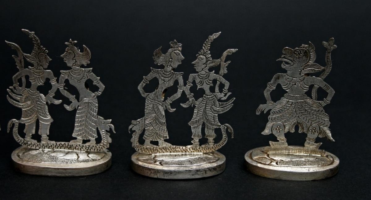 Set Of Six Antique Indonesian Silver Menu Holders, Javanese Shadow Puppet Java -photo-3