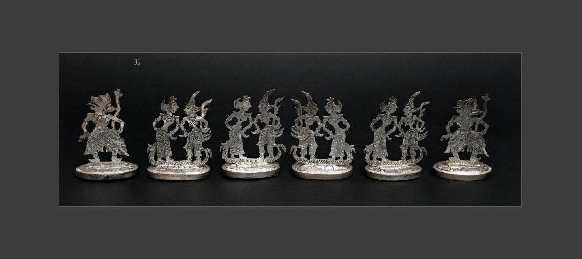 Set Of Six Antique Indonesian Silver Menu Holders, Javanese Shadow Puppet Java 