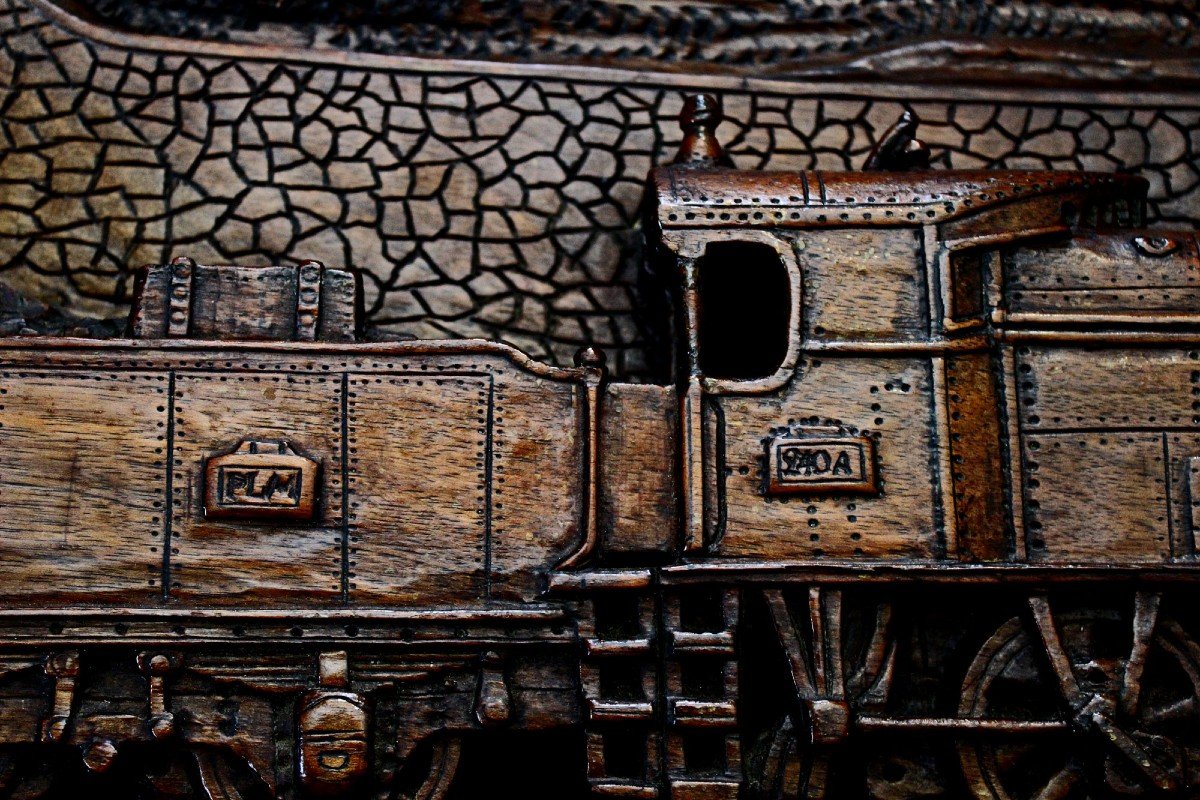 Vintage 3d Wood Carved Panel Steam Train  Locomotive P.l.m. Nimes Railway Dated 1933-photo-2