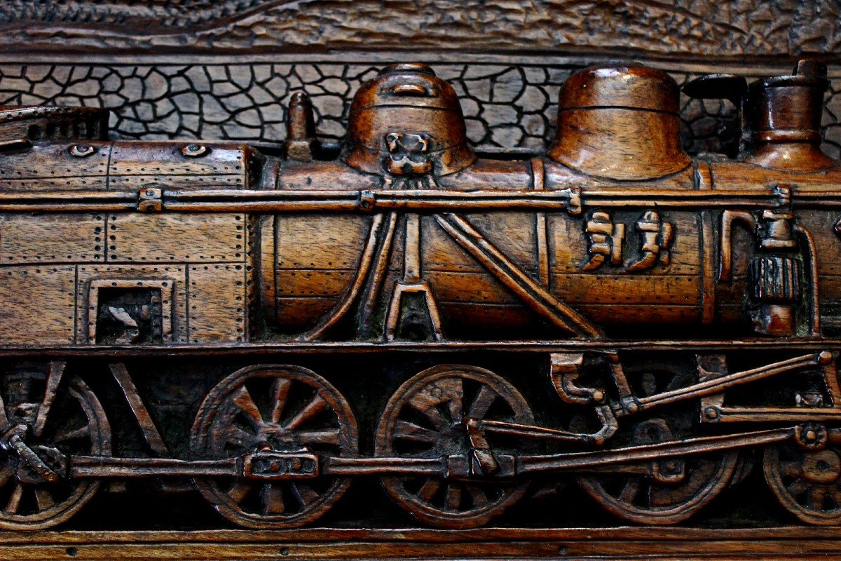 Vintage 3d Wood Carved Panel Steam Train  Locomotive P.l.m. Nimes Railway Dated 1933-photo-3