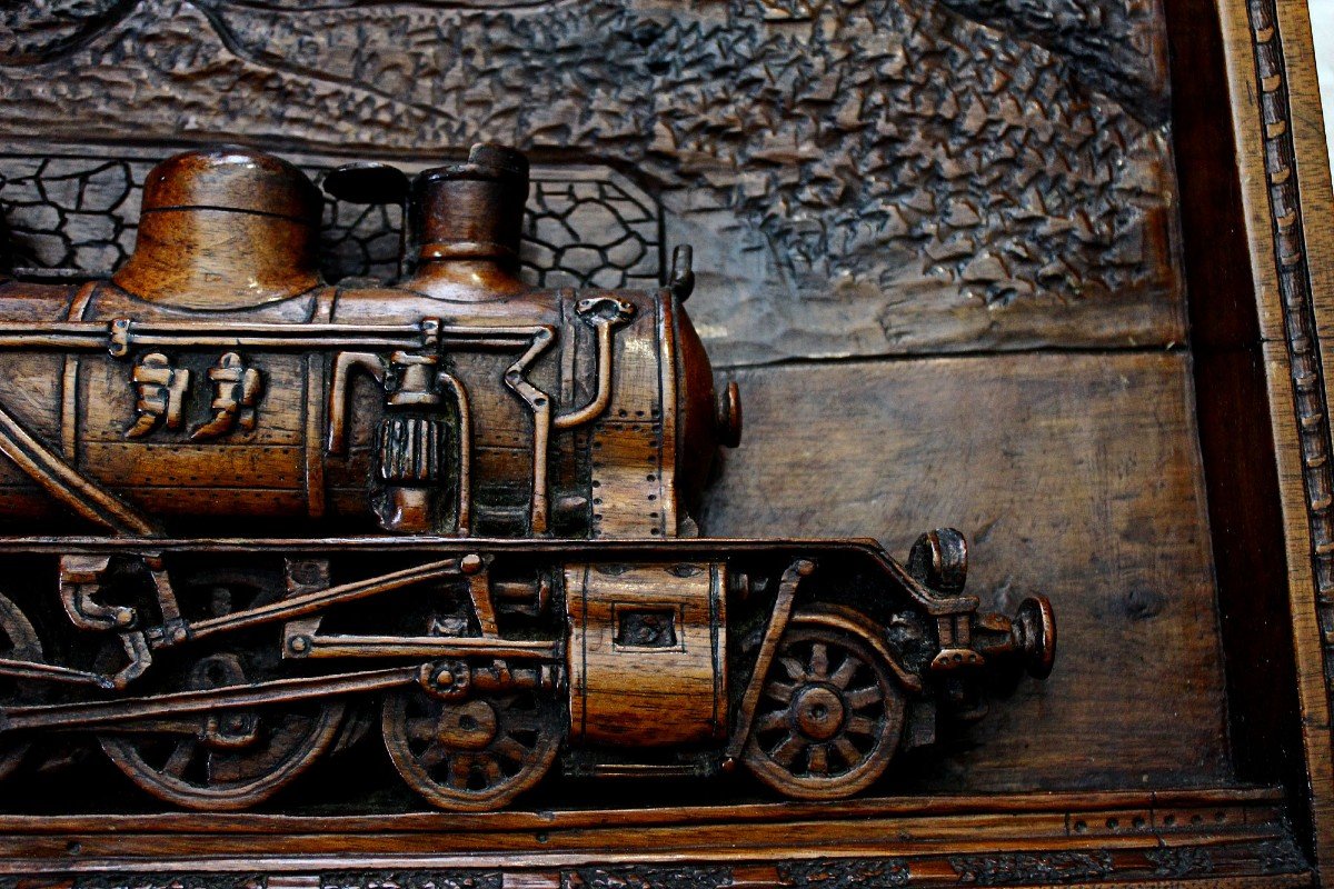 Vintage 3d Wood Carved Panel Steam Train  Locomotive P.l.m. Nimes Railway Dated 1933-photo-4