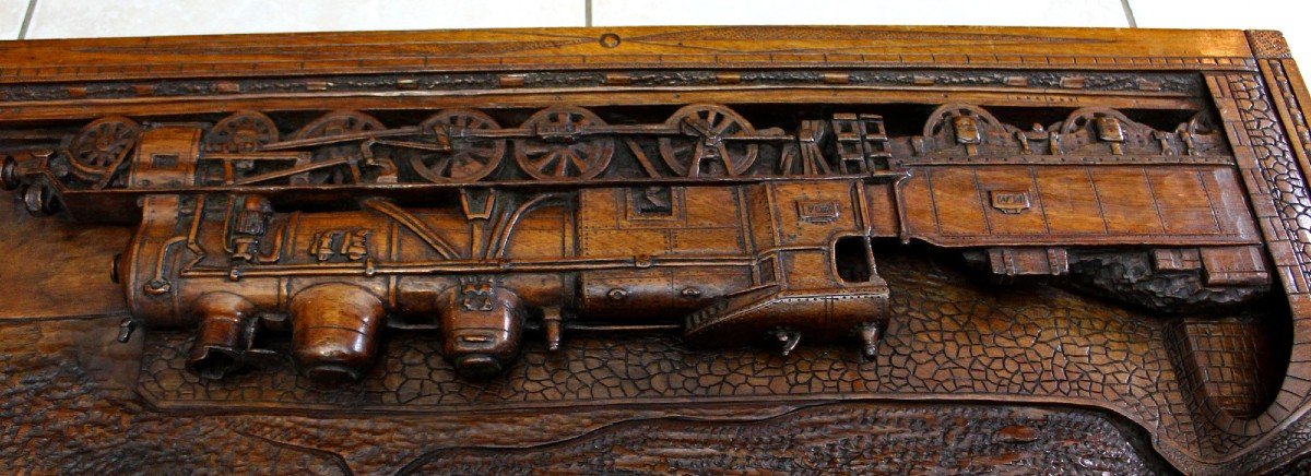 Vintage 3d Wood Carved Panel Steam Train  Locomotive P.l.m. Nimes Railway Dated 1933-photo-2