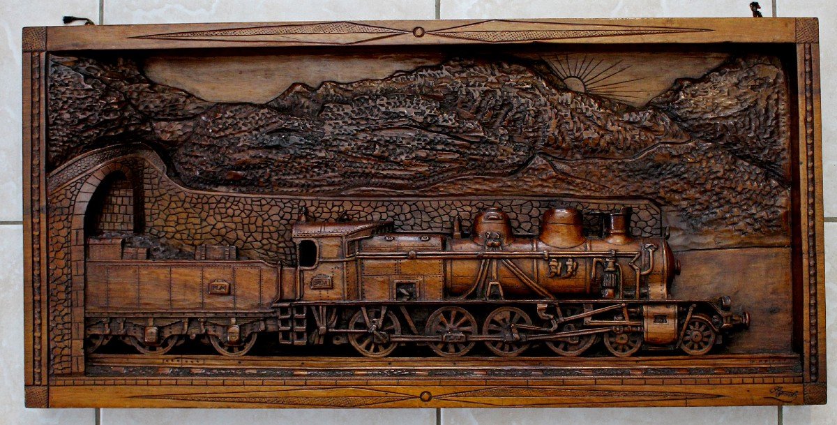 Tableau 3d Vintage Bois Sculpte Train Locomotive à Vapeur  Plm Nimes Chemins De Fer date 1933