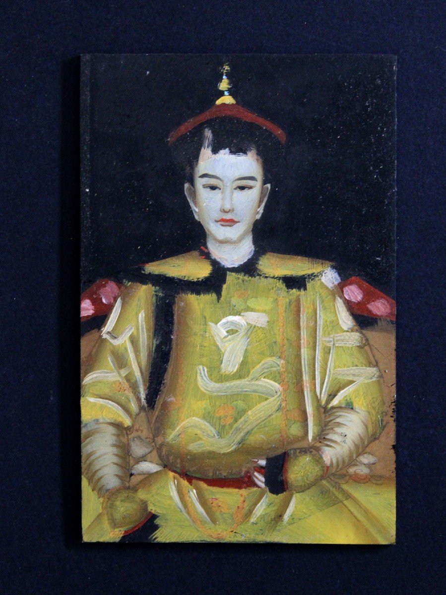 Antique Chinese Reverse Glass Painting, Miniature Portrait Of Emperor Guangxu-photo-2