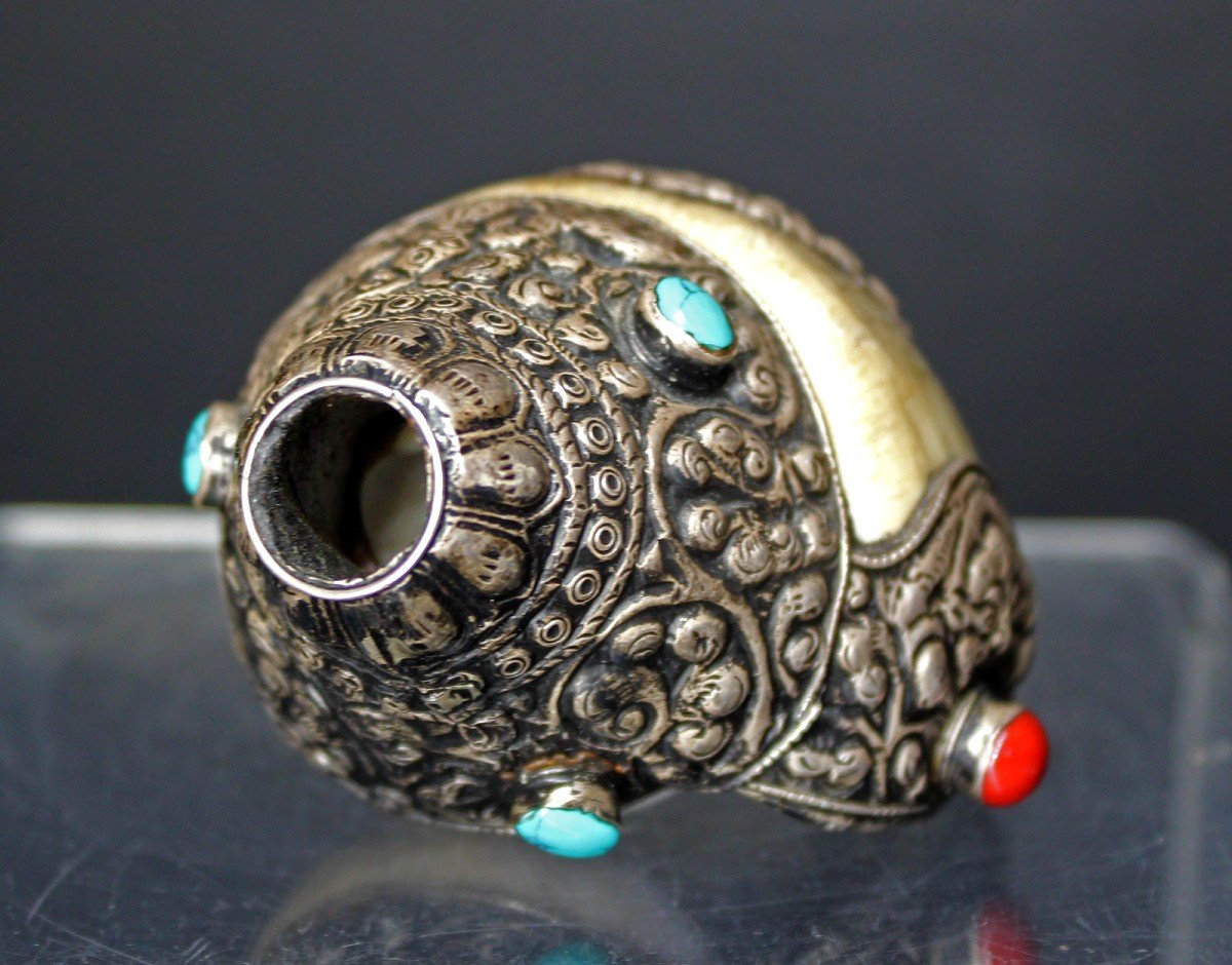 Tibetan Buddhist Ritual Conch Shell With Silver Mounts Buddha -photo-2