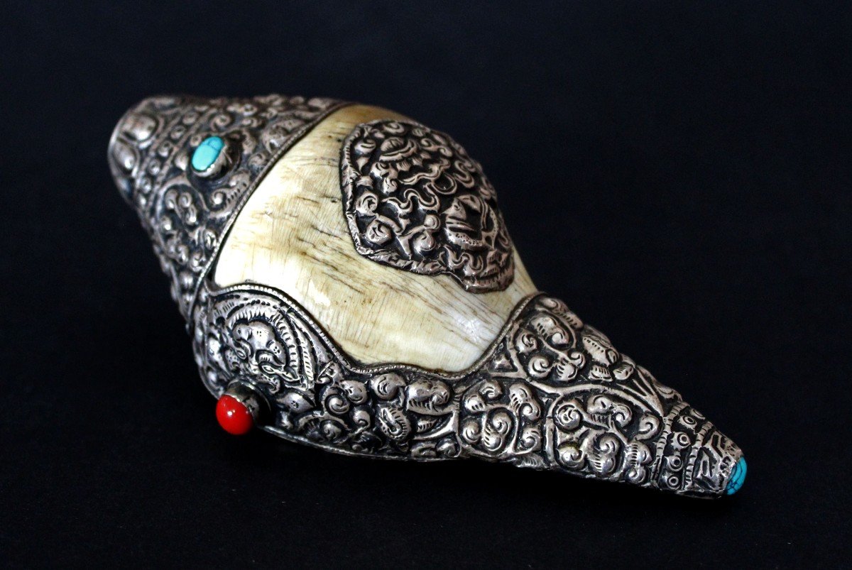 Tibetan Buddhist Ritual Conch Shell With Silver Mounts Buddha 