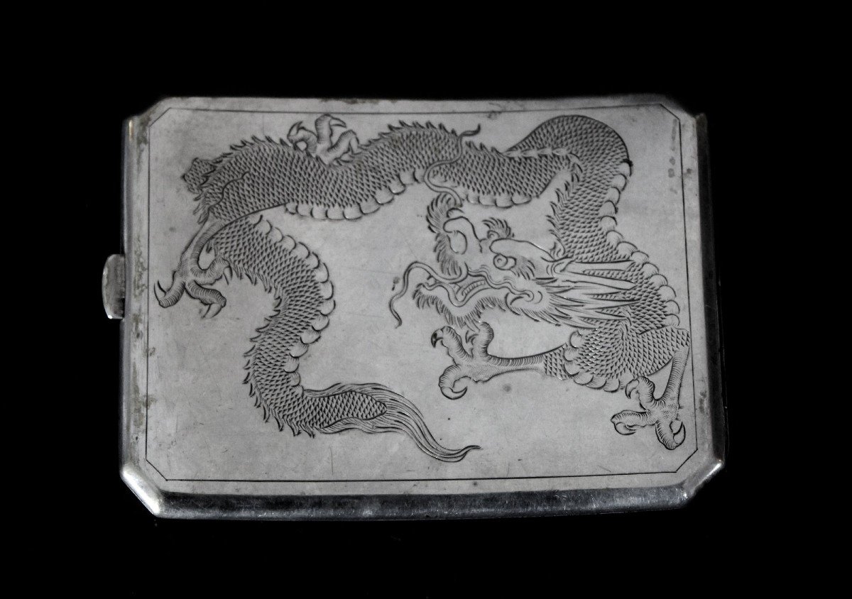 Antique Chinese Export Silver Business Card Case Shanghai Dragon  1927-30-photo-2