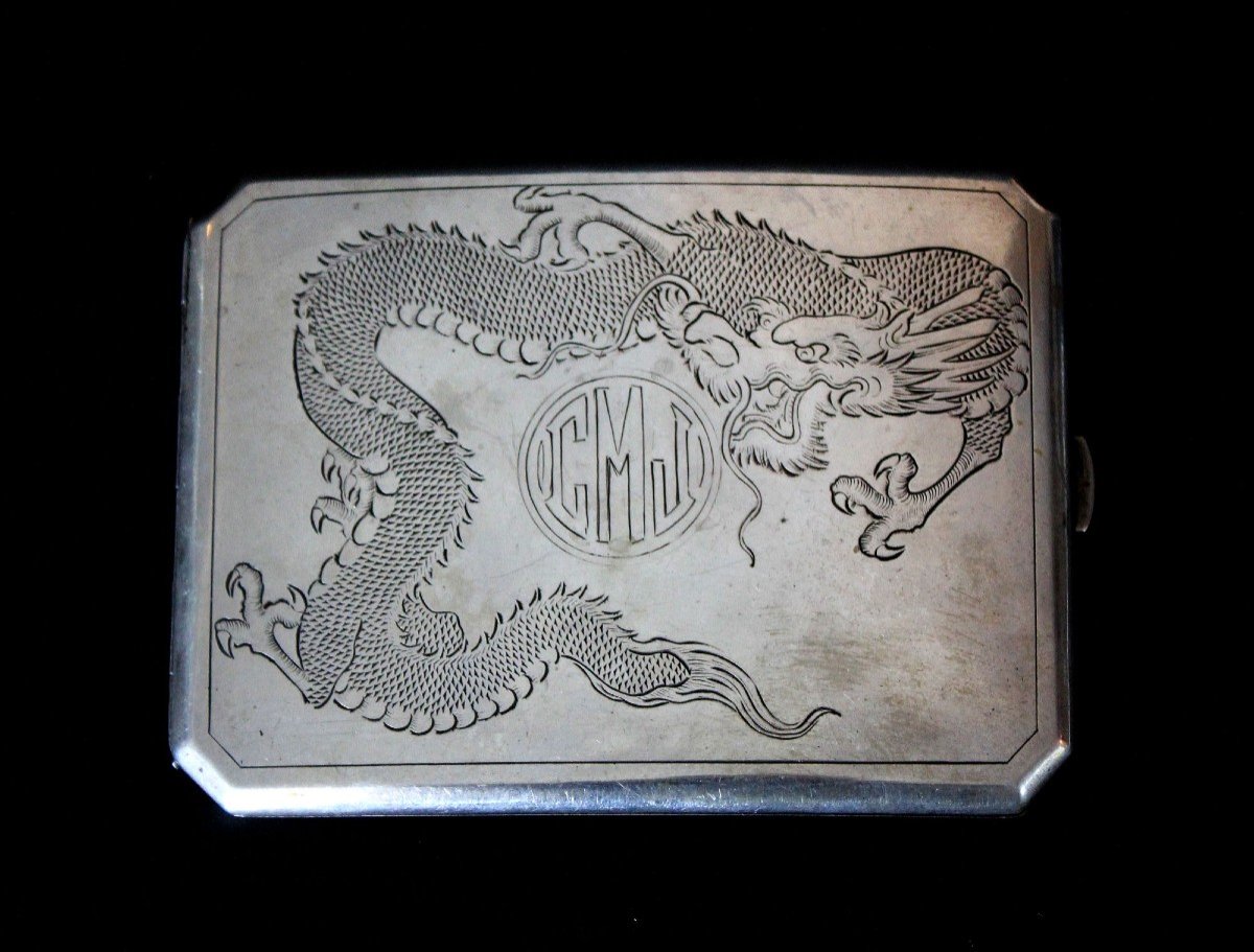 Antique Chinese Export Silver Business Card Case Shanghai Dragon  1927-30