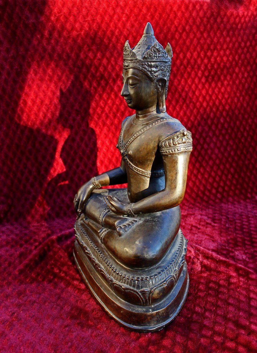 Tres Grand Bouddha Thaïlandais De Style Ayutthaya, Bouddha Couronné En Bronze Thaïlande 51 cm-photo-1