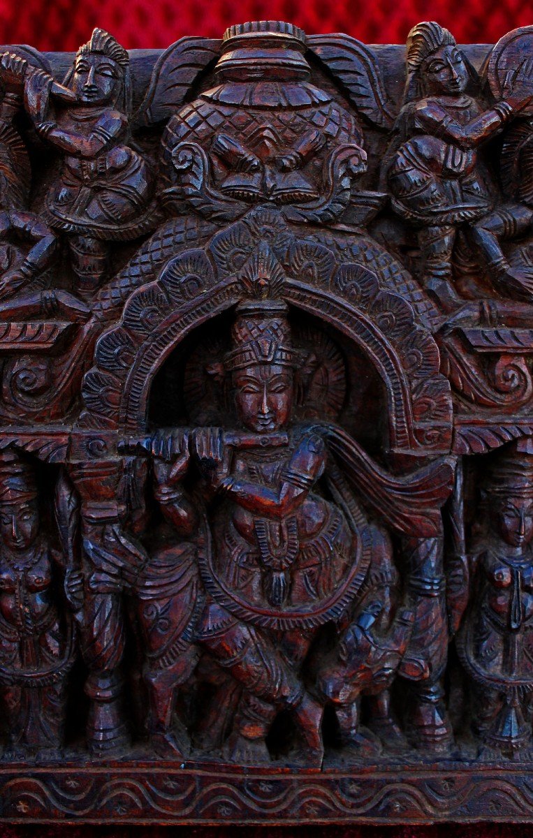 Panneau De Temple Hindou En Bois Sculpté Indien Antique Krishna-photo-2