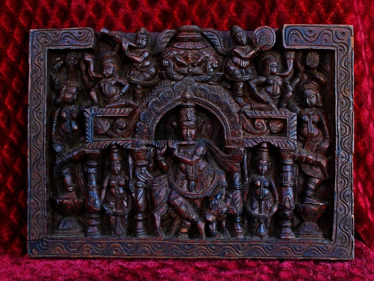 Panneau De Temple Hindou En Bois Sculpté Indien Antique Krishna