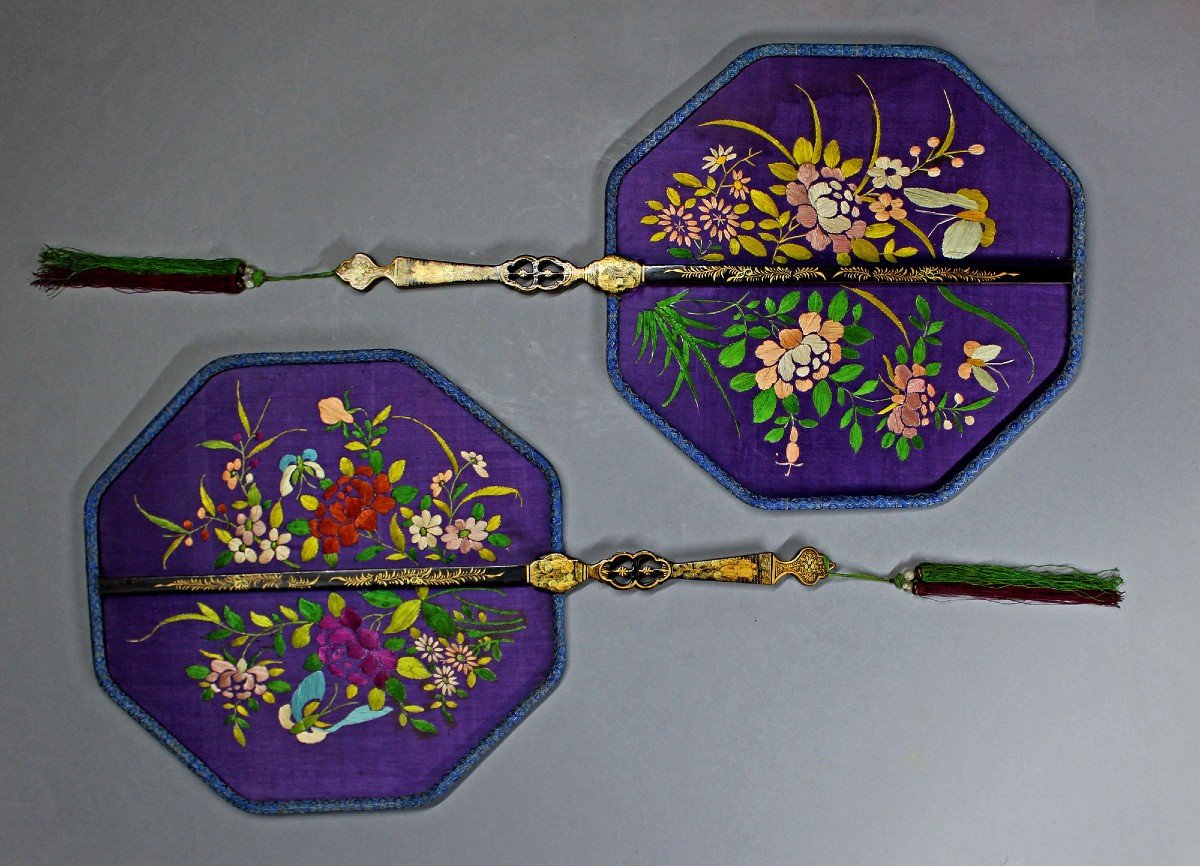 Pair Of Antique Chinese Fans Silk Embroidered Painted Lacquer