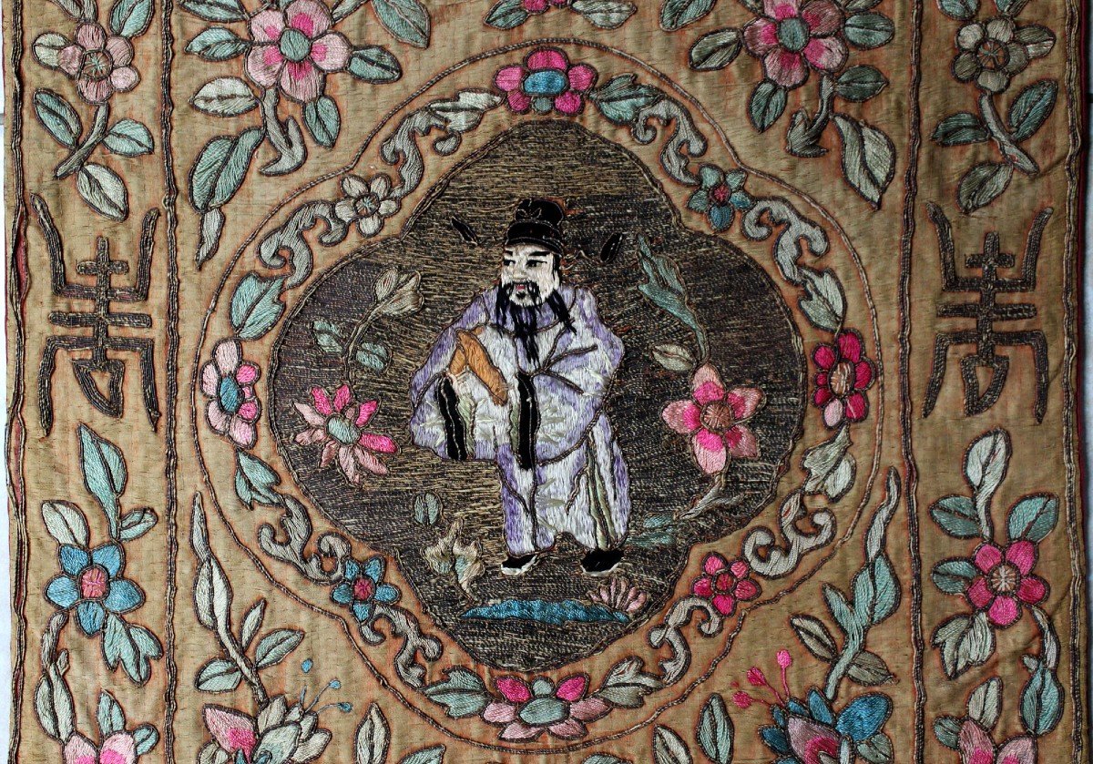 Broderie Murale Chinoise En Soie Antique Tapisserie Longue Vie Immortel Décoratif-photo-2