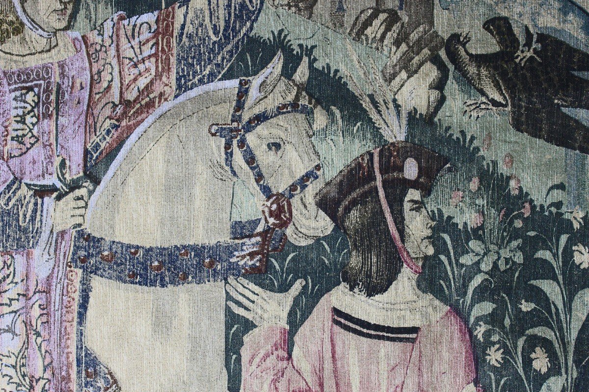 French Tapestry "leaving For The Hunt" Medieval Falcon Hunting Scene-photo-2