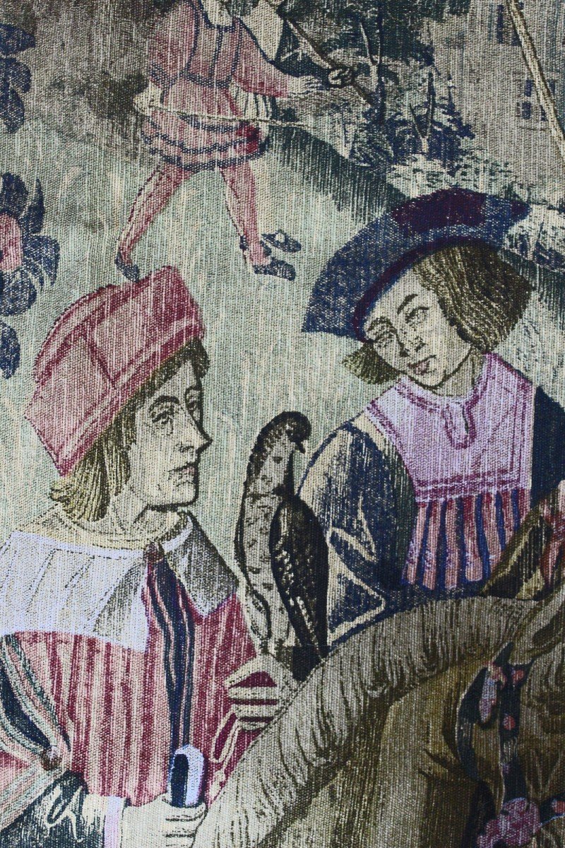 French Tapestry "leaving For The Hunt" Medieval Falcon Hunting Scene-photo-4