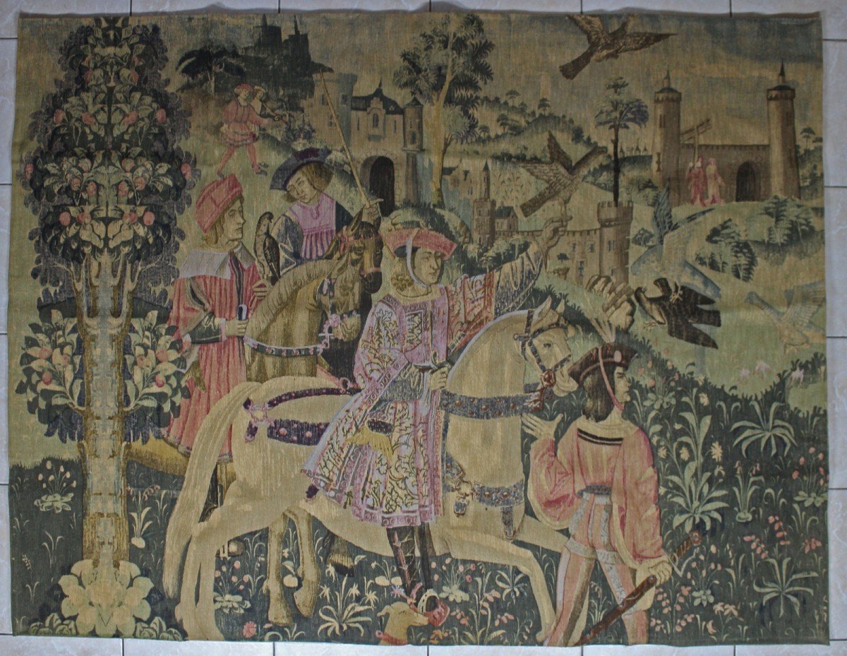 French Tapestry "leaving For The Hunt" Medieval Falcon Hunting Scene