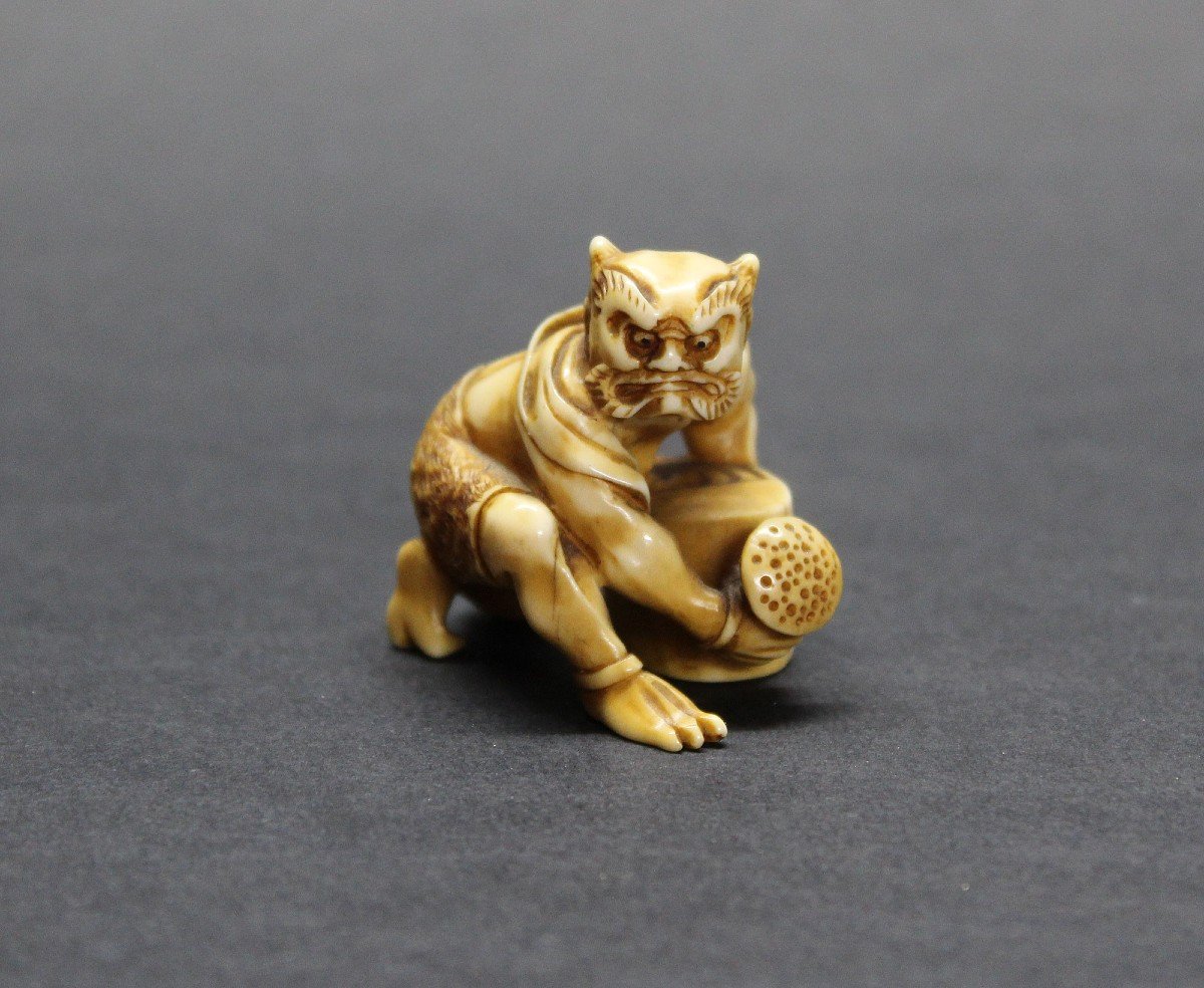 Antique Japanese Ivory Netsuke Oni With A Watering Can Signed Meiji Period