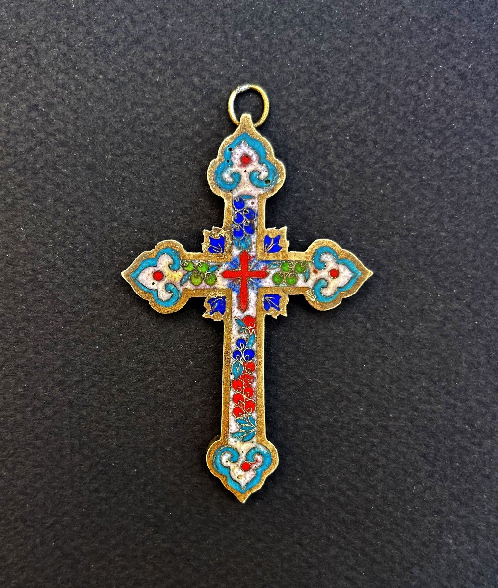 Croix Chrétienne Cloisonnée Chinoise Antique, Rare, Jésuite