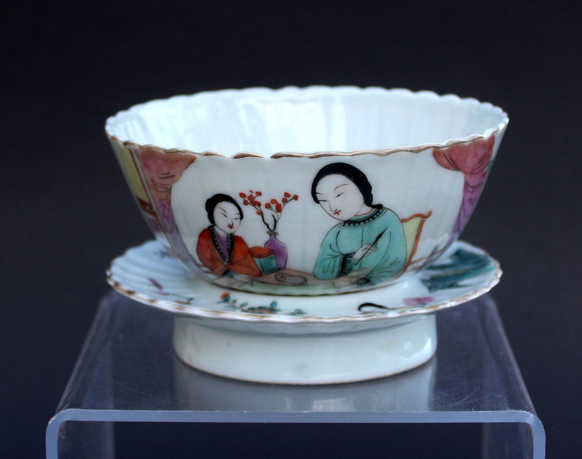 Bol à Thé Et Support En Porcelaine Chinoise 徐子祥 Xu Zixiang Jingdezhen Fin Qing / République