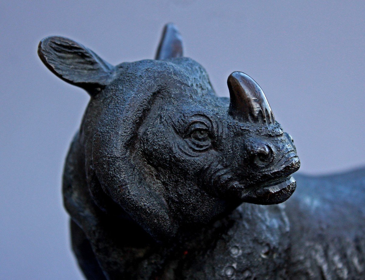 Antique Japanese Bronze Sculpture Rhinoceros Attacked By Tigers. Signed Seiya . Meiji.-photo-1