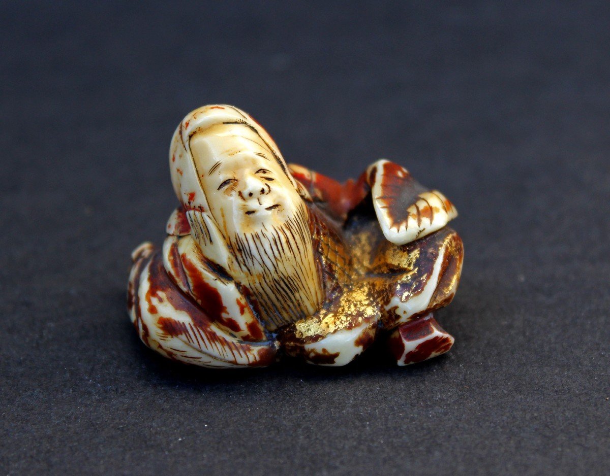 Netsuke Japonais Antique Fukurokuju Polychrome Signé Dieu De La Sagesse XIXe Siècle