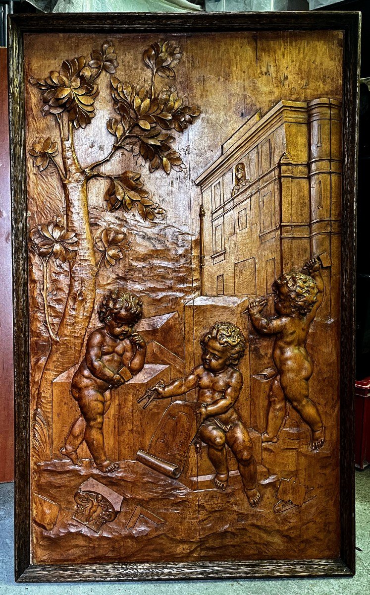 Large Antique Carved Wood Bas-relief  Cherubs Architectural Subject Masonic Architect