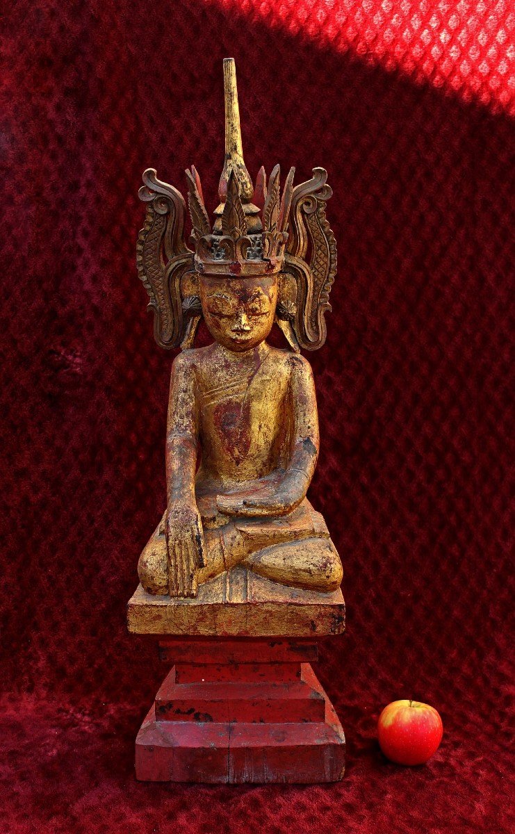 Grand Bouddha Shan Couronné De Birmanie Antique Bhumisparsa Mudra